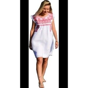 Meena Mahal Layla Embroidered Summer Mini Cotton Dress Cover up, Red/White $150